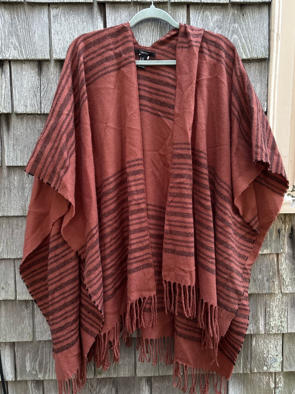 Rust Striped Open-Front Poncho Sweater